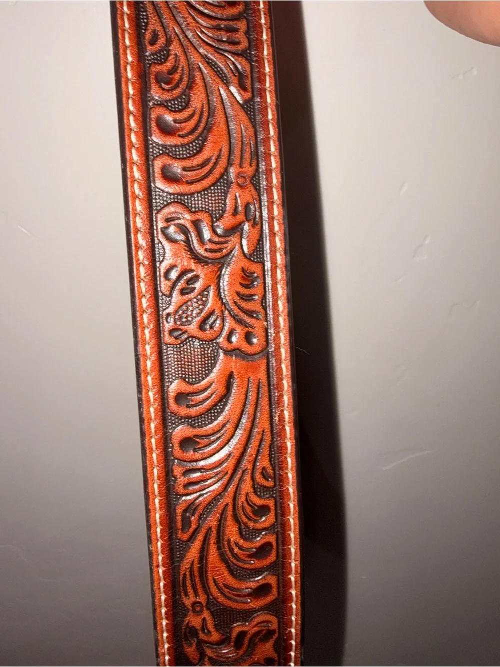 Hand-Tooled Brown Leather Western Belt with Ornate Silver Buckle